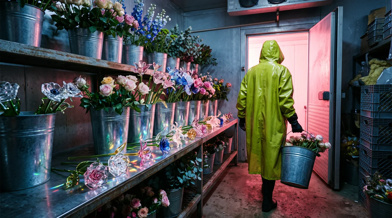 Flores cortadas convirtiéndose en vidrio soplado en los estantes de acero de una cámara frigorífica de floristería.