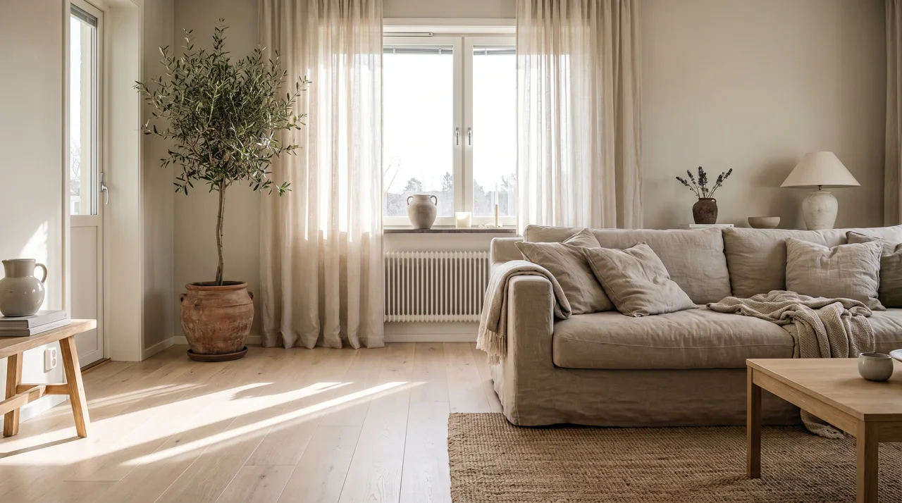 Interior fotorrealista: una sala de estar escandinava iluminada por el sol con suelo de roble pálido y un sofá de lino.