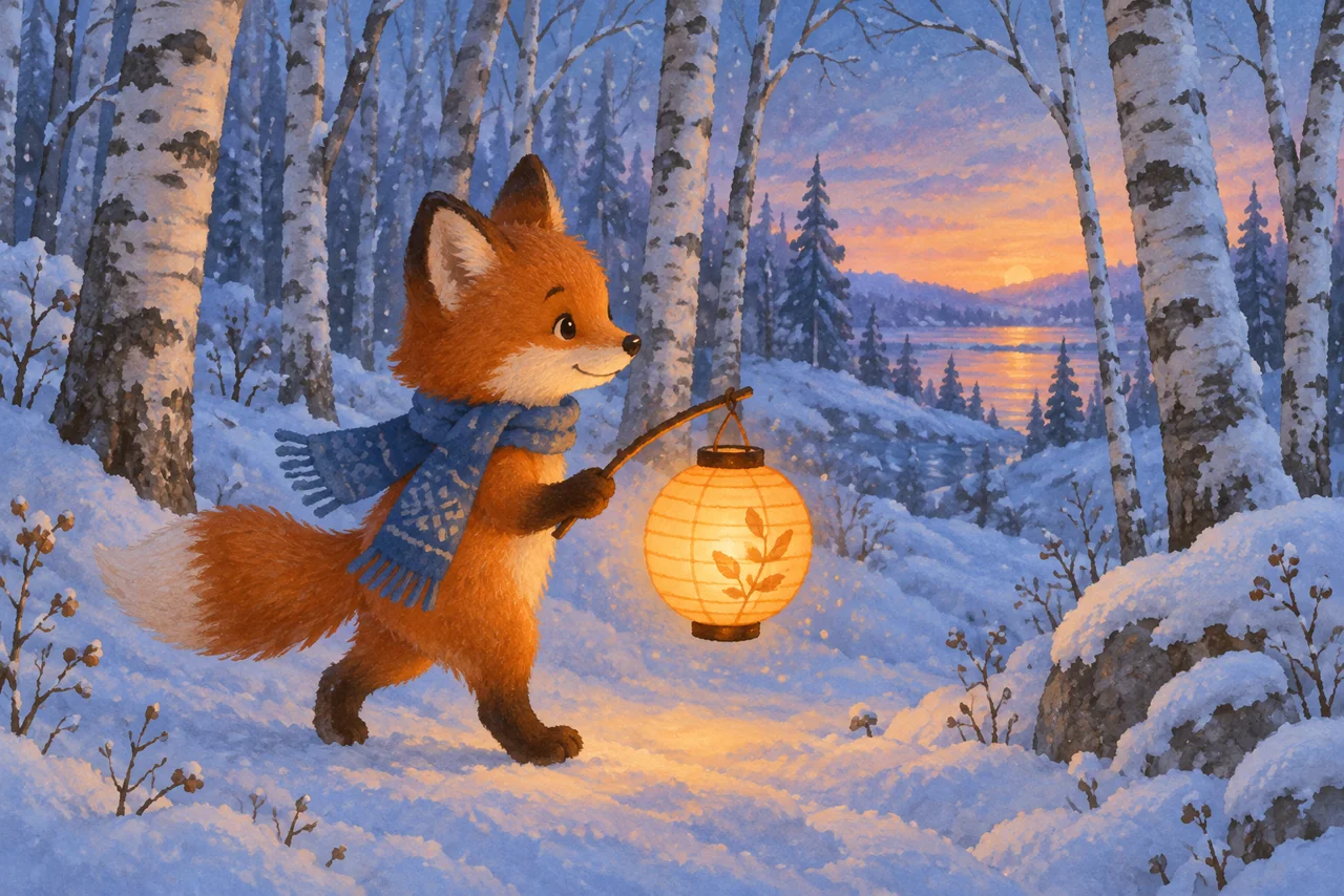 Illustration d'un livre d'images : un petit renard portant une écharpe bleue transporte une lanterne en papier à travers une forêt de bouleaux enneigés au crépuscule.