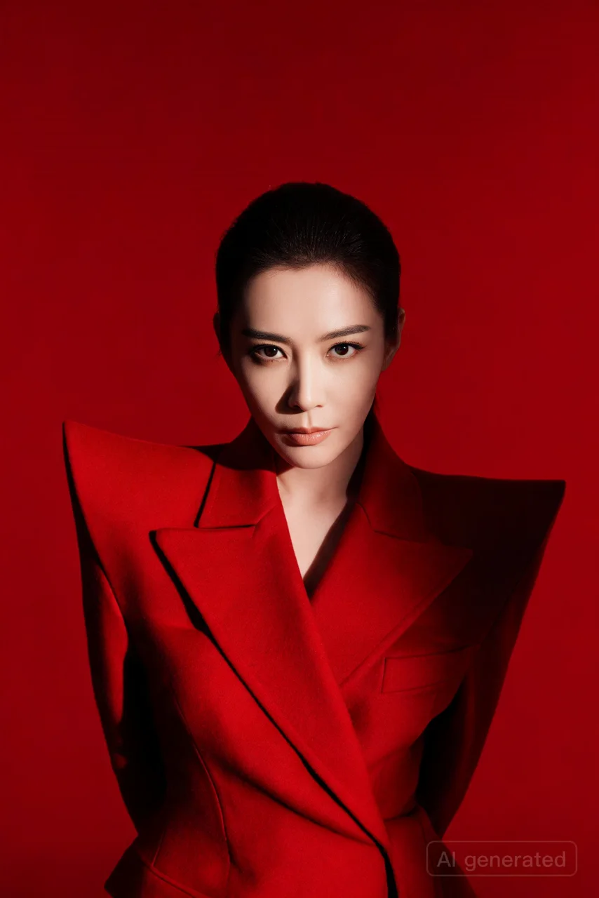 Portrait de mode en studio : une femme vêtue d'un manteau cramoisi sculptural sur fond rouge.