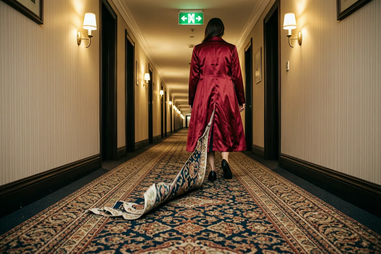 Hinter einer Frau in einem purpurroten Satinmantel löste sich der Teppich im Hotelkorridor auf und bildete bedruckte Bänder.