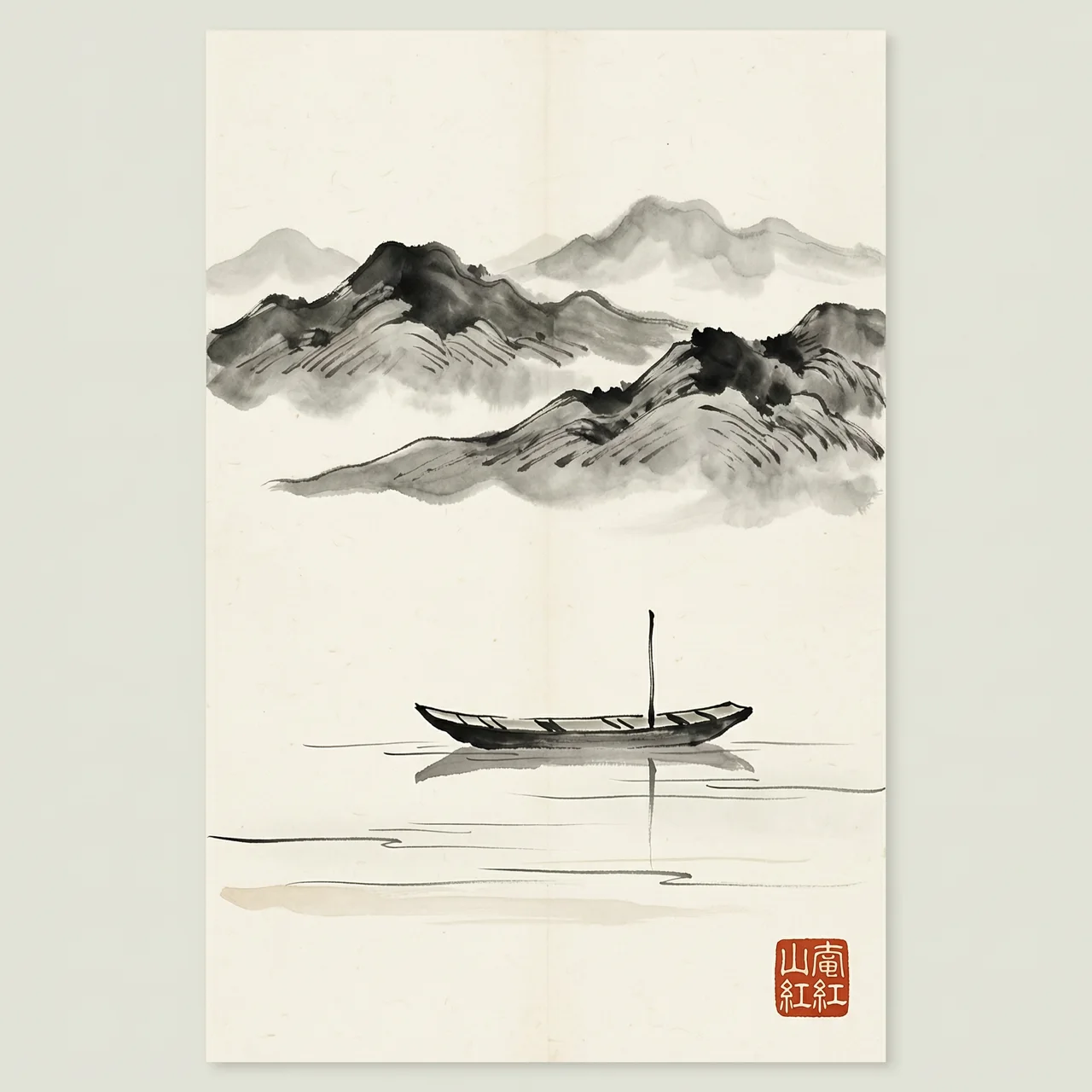 Affiche lavée à l'encre : montagnes brumeuses superposées au-dessus d'un bateau solitaire sur une rivière calme.